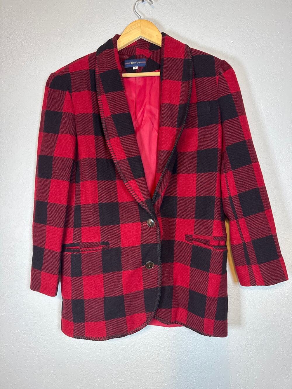 Vintage Buffalo Plaid Boyfriend Wool Blazer Womens 6 Red Black Christmas Holiday